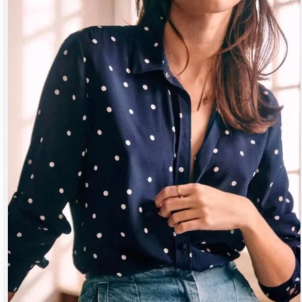 Sezane Ann Silk Shirt in Navy/Ecru , Size 34